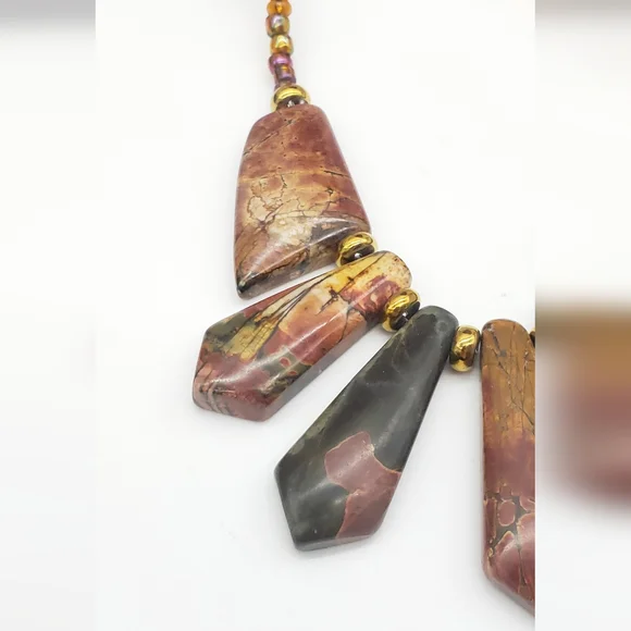 Handmade Red Creek Jasper Stone Bib Style Necklace Iridescent Glass Seed Beads - Picture 6 of 12